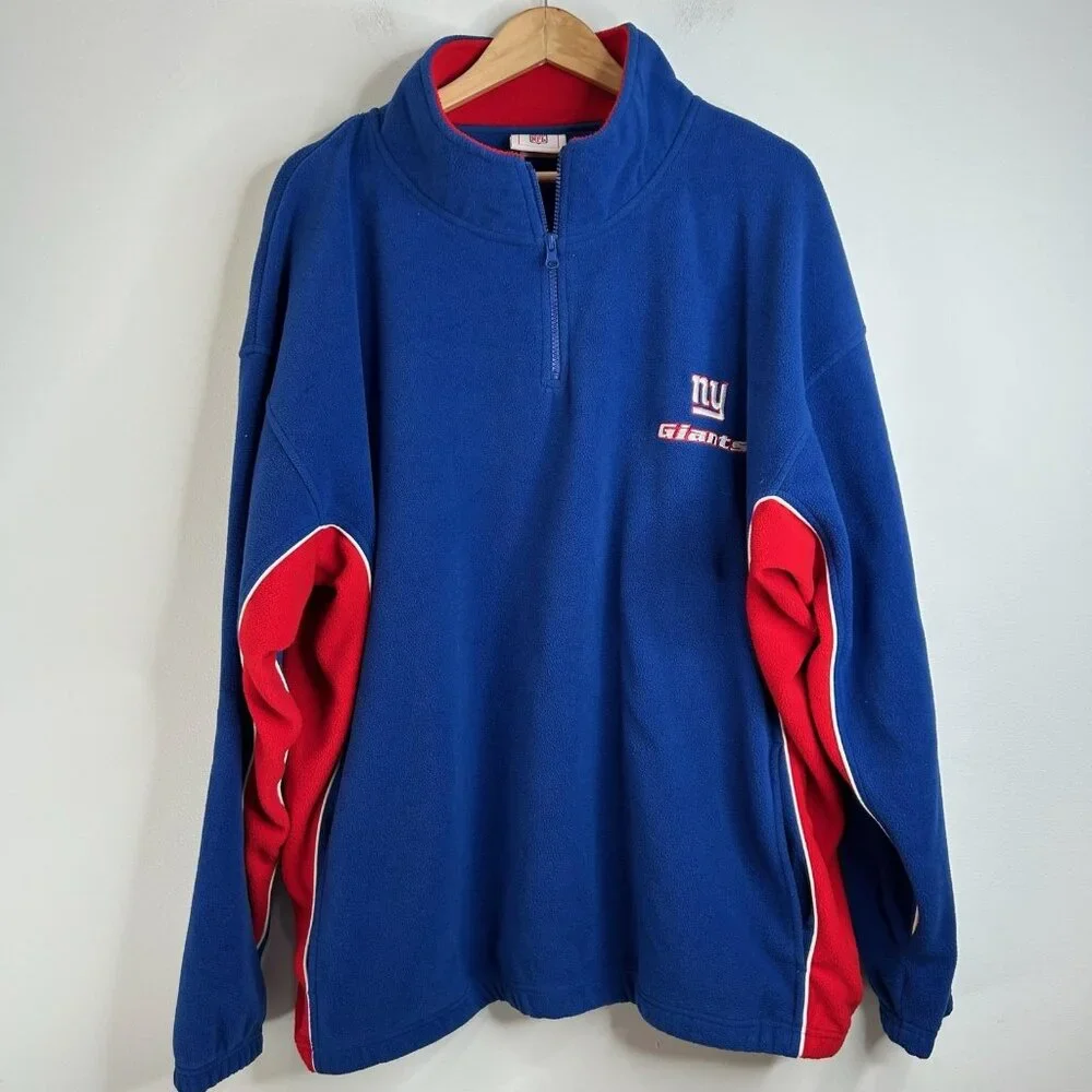 New York Giants Sweater Mens 2XL Blue Red NFL Football‎ Reebok Fleece 1/4 Zip